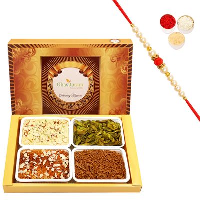 Ghasitaram Gifts Rakhi Gifts for Brothers Rakhi Sweets - Big Box of Soan Papdi, Dodha Barfi, Potato Palak Chips and SOYA Sev with Pearl Beads Rakhi