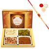 Ghasitaram Gifts Rakhi Gifts for Brothers Rakhi Sweets - Big Box of Soan Papdi, Dodha Barfi, Potato Palak Chips and SOYA Sev with Pearl Beads Rakhi view 1