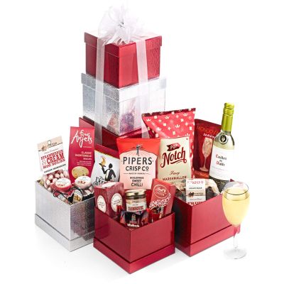 Premium Food & Drink Gift Set - Sweet and Savoury Gift Tower with White Wine, Luxury Shortbread, Cheddar, Pt, Chutney, Truffles - Food Hampers for Birthdays and Celebrations, from Regency Hampers
