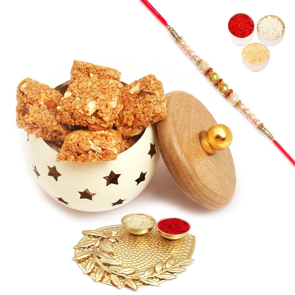 Ghasitaram Gifts Rakhi Gifts for Brothers White Wooden Granola Bites Jar with Pooja Thali with Pearl Rakhi