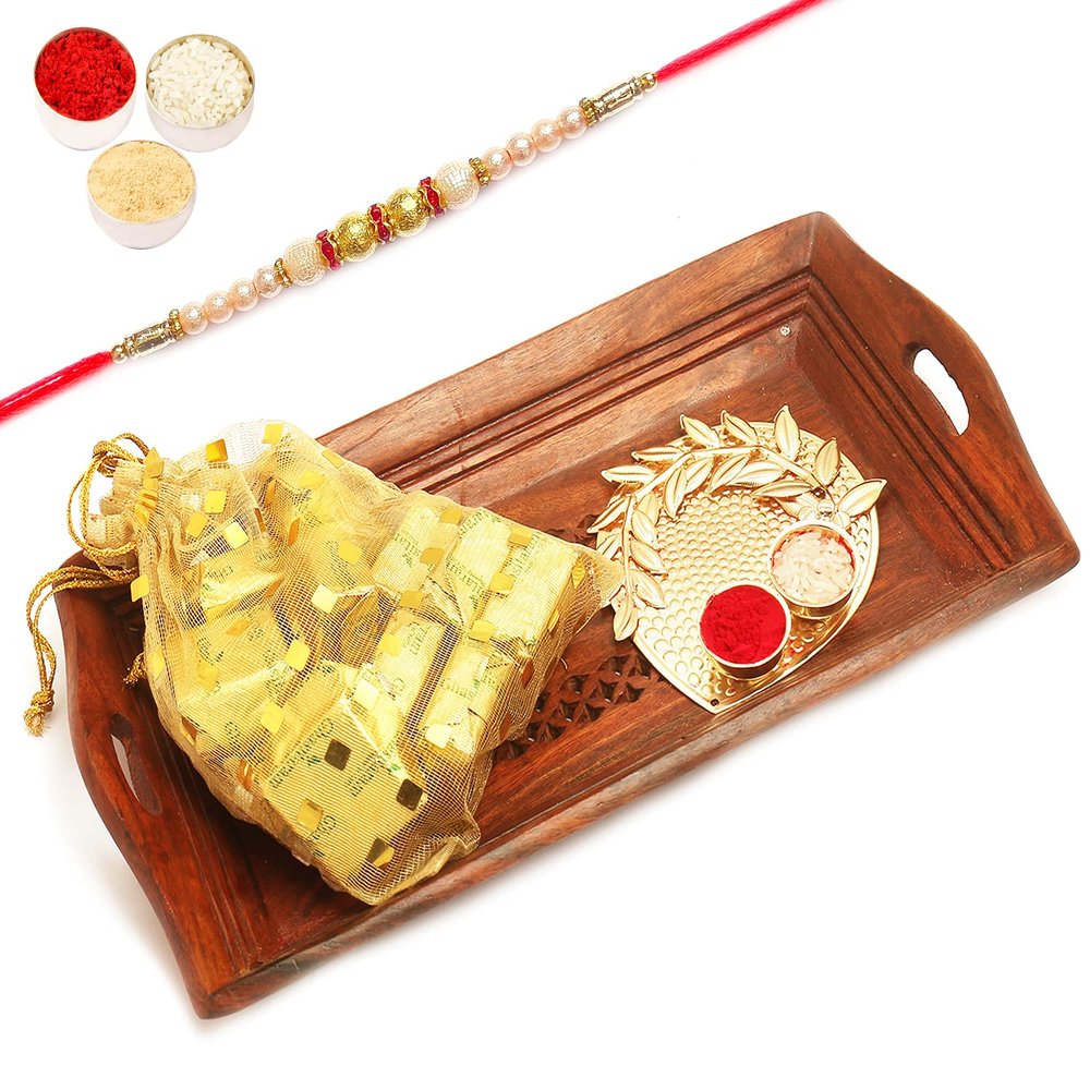 Ghasitaram Gifts Rakhi Gifts for Brothers Rakhi Chocolate Small Wooden Serving Tray with Chocolates Pouch and Pooja Thali with Pearl Rakhi