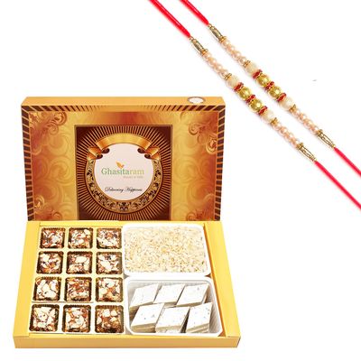 Ghasitaram Gifts Rakhi Gifts for Brothers Big Box of 12 Pcs Sugarfree Bites, Sugarfree Kaju Katli and Diet Chiwda with 2 Pearl Rakhis