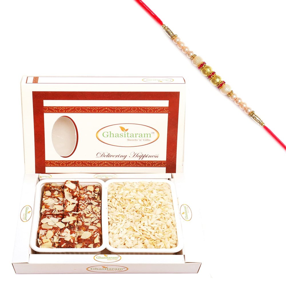 Ghasitaram Gifts Rakhi Gifts for Brothers Sugarfree Mix and Diet Chiwda Hamper with Pearl Rakhi
