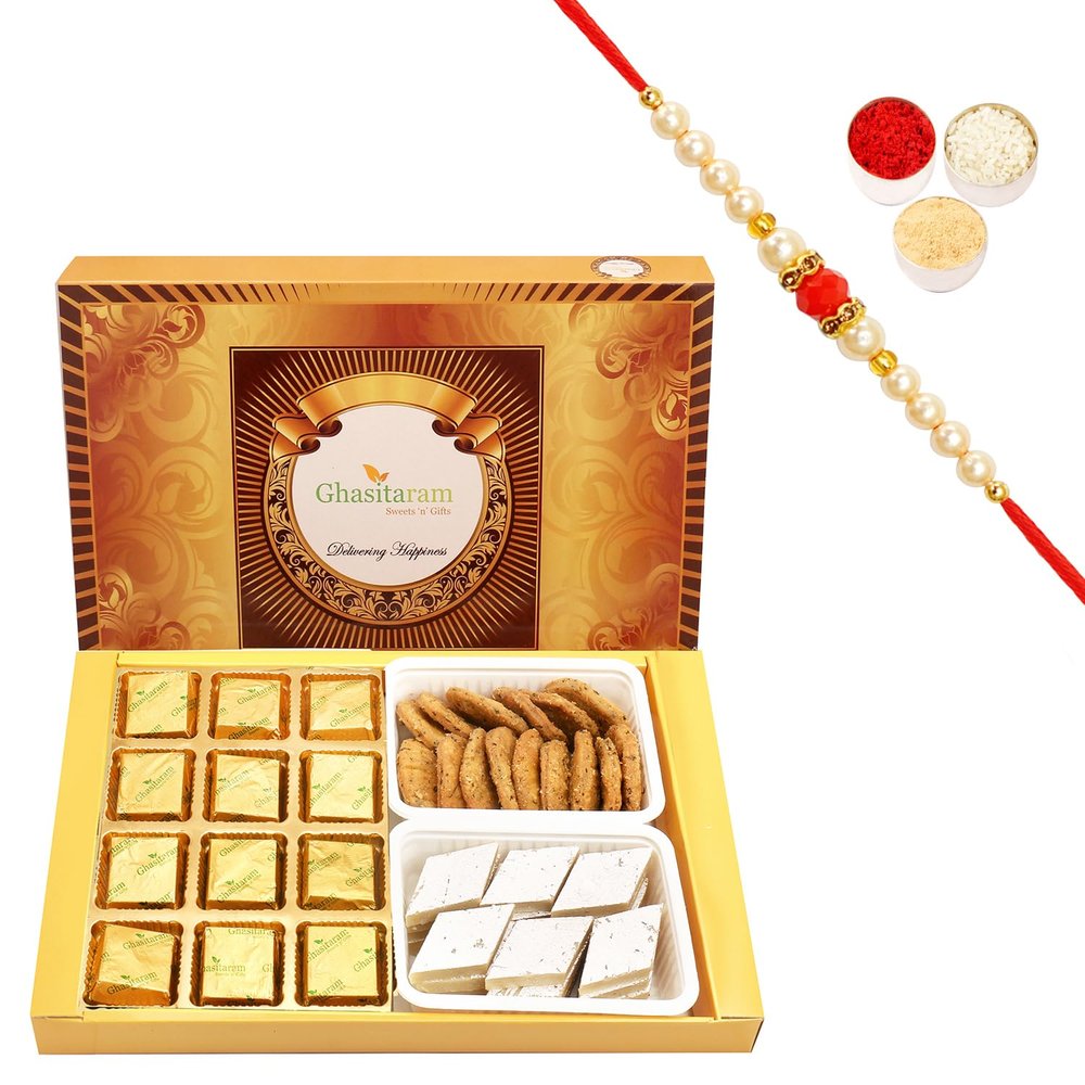 Ghasitaram Gifts Rakhi Gifts for Brothers Rakhi Sweets - Big Box of 12 Pcs MEWA Bites, Kaju Katli and Methi Mathi with Pearl Beads Rakhi