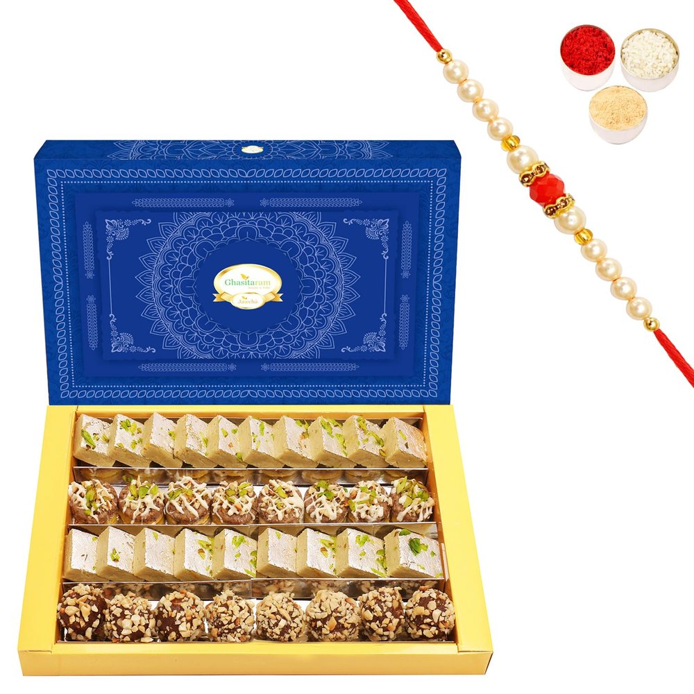 Ghasitaram Gifts Rakhi Gifts for Brothers Rakhi Sweets - Assorted Box of Barfis, Dryfruit Sweets 800 GMS with Beads Rakhi