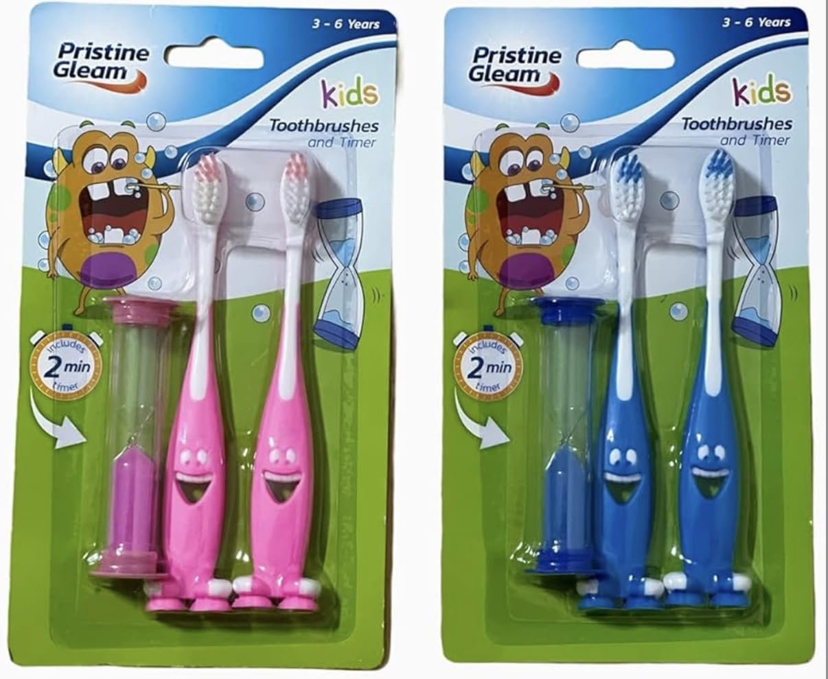 2pk Childrens Toothbrush with 2 Minute Sand Timer, Child Friendly Grips & Bristles by Pristine Gleam (Pink)