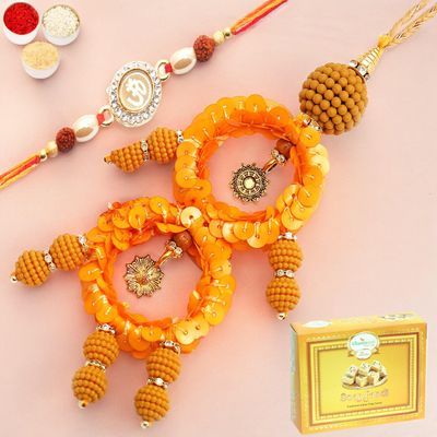 Ghasitaram Gifts Rakhis Online- Sisters Blessings rm073 Bhaiya Bhabhi Rakhi with 200 GMS of Soan Papdi