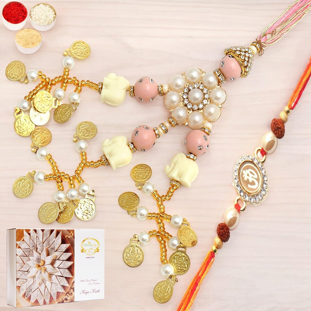 Ghasitaram Gifts Rakhis Online- Dazzling Bond rm080 Bhaiya Bhabhi Rakhi with 400 GMS of Kaju katli
