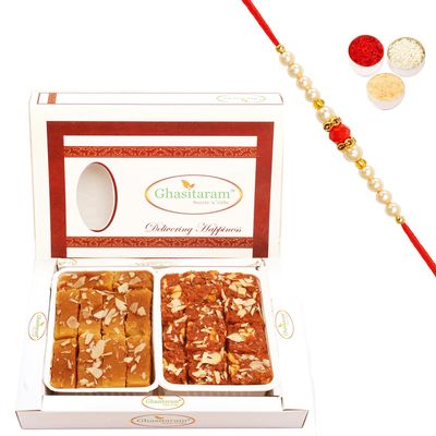 Ghasitaram Gifts Rakhi Gifts for Brothers Rakhi Sweets - Mysore Pak and Dodha Barfi Hamper with Pearl Beads Rakhi