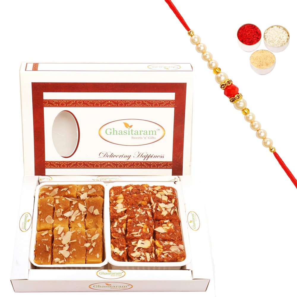 Ghasitaram Gifts Rakhi Gifts for Brothers Rakhi Sweets - Mysore Pak and Dodha Barfi Hamper with Pearl Beads Rakhi