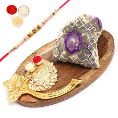 Ghasitaram Gifts Rakhi Gifts for Brothers Wooden Platter with Pooja Thali and Sugarfree Dates and Figs Bites Pouch with Pearl Rakhi