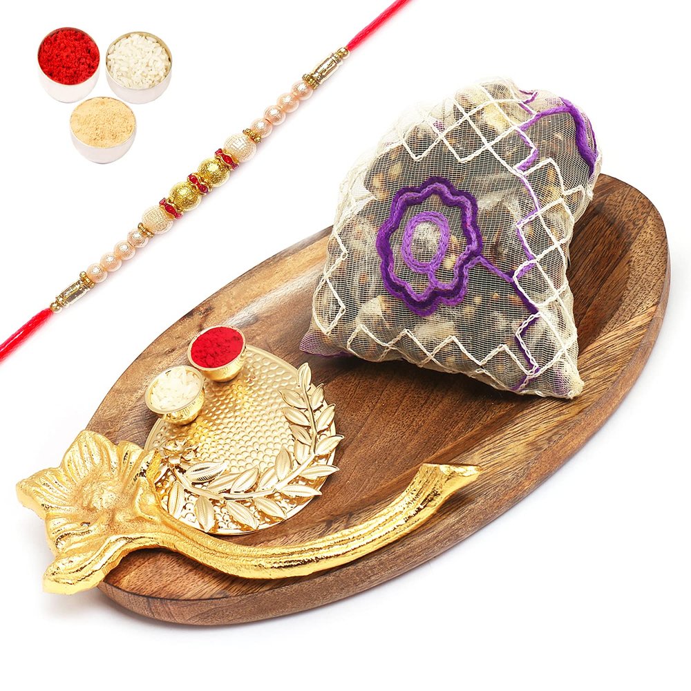 Ghasitaram Gifts Rakhi Gifts for Brothers Wooden Platter with Pooja Thali and Sugarfree Dates and Figs Bites Pouch with Pearl Rakhi