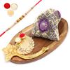 Ghasitaram Gifts Rakhi Gifts for Brothers Wooden Platter with Pooja Thali and Sugarfree Dates and Figs Bites Pouch with Pearl Rakhi