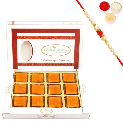 Ghasitaram Gifts Rakhi Gifts for Brothers Rakhi Sweets - Mango Layers Delight 12 pcs with Beads Rakhi