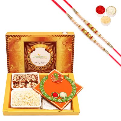 Ghasitaram Gifts Rakhi Gifts for Brothers Big Box of Sugarfree Bites, Diet Chiwda and Orange Ganesha Pooja Thali with 2 Pearl Rakhis
