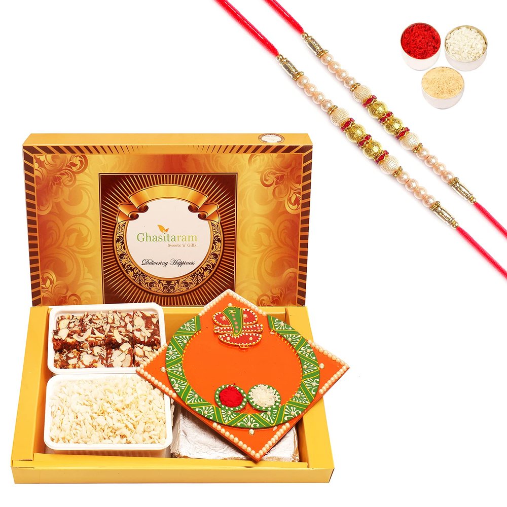 Ghasitaram Gifts Rakhi Gifts for Brothers Big Box of Sugarfree Bites, Diet Chiwda and Orange Ganesha Pooja Thali with 2 Pearl Rakhis