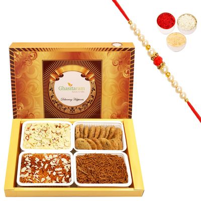 Ghasitaram Gifts Rakhi Gifts for Brothers Rakhi Sweets - Big Box of Soan Papdi, Milk Cake, Methi Mathi and SOYA Sev with Pearl Beads Rakhi