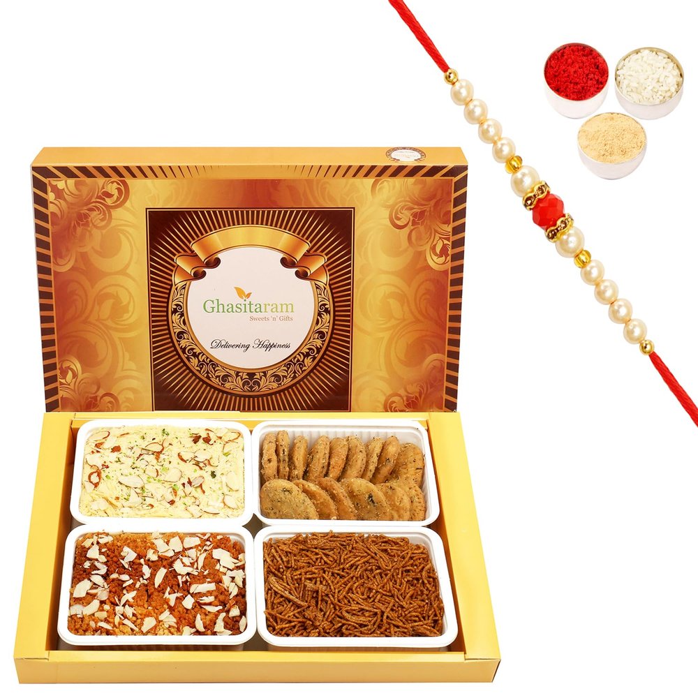Ghasitaram Gifts Rakhi Gifts for Brothers Rakhi Sweets - Big Box of Soan Papdi, Milk Cake, Methi Mathi and SOYA Sev with Pearl Beads Rakhi