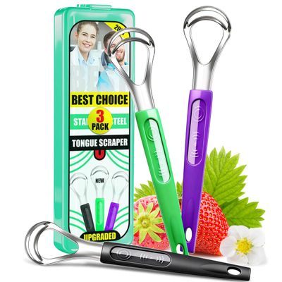 CATACC PRO 3 Pack Metal Tongue Scrapers for Adults & Kids, Stainless Steel Tongue Cleaner Scrubber with Travel Case