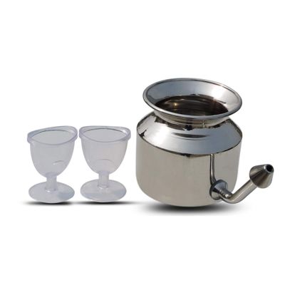 Ancient Impex Stainless Steel Neti Pot with Set of 2 Eyewash Cups for Sinus Allergies | 500ml Capacity