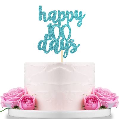 Blue Glitter Happy 100 Days Cake Topper for Baby Shower,Hello Baby 100th Day Cake Topper,Baby's Celebration,Wedding Party Decorations