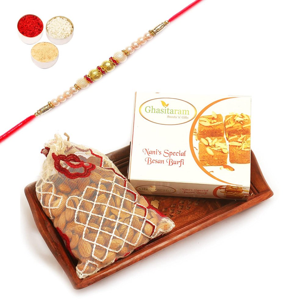 Ghasitaram Gifts Rakhi Gifts for Brothers Small Wooden Serving Tray with Besan Barfi, and Almonds with Pearl Rakhi