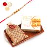 Ghasitaram Gifts Rakhi Gifts for Brothers Small Wooden Serving Tray with Besan Barfi, and Almonds with Pearl Rakhi view 1