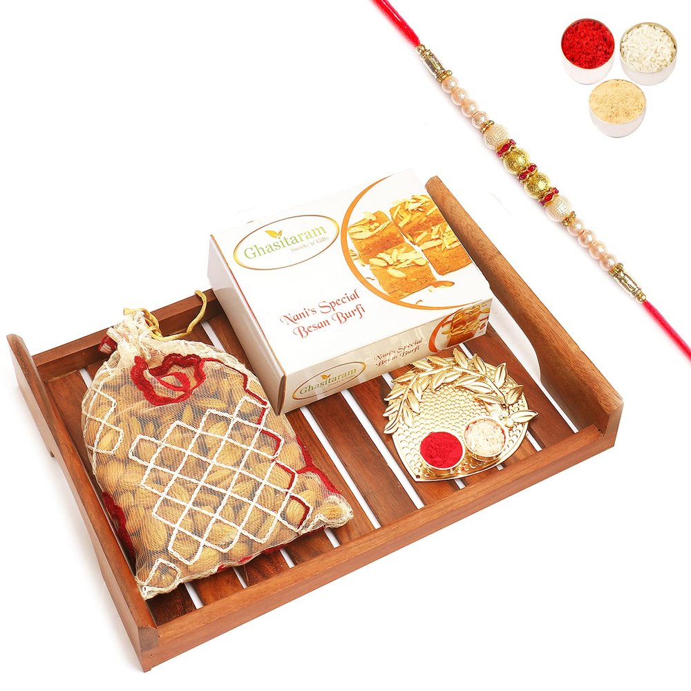 Ghasitaram Gifts Rakhi Gifts for Brothers Wooden Serving Tray with Soft Mysore Pak, Almonds and Pooja Thali with Pearl Rakhi