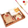 Ghasitaram Gifts Rakhi Gifts for Brothers Wooden Serving Tray with Soft Mysore Pak, Almonds and Pooja Thali with Pearl Rakhi view 1