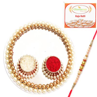 Ghasitaram Gifts Rakhi Gifts for Brothers White Pearl Pooja Thali with Pearl Rakhi with 200 GMS of Kaju katli