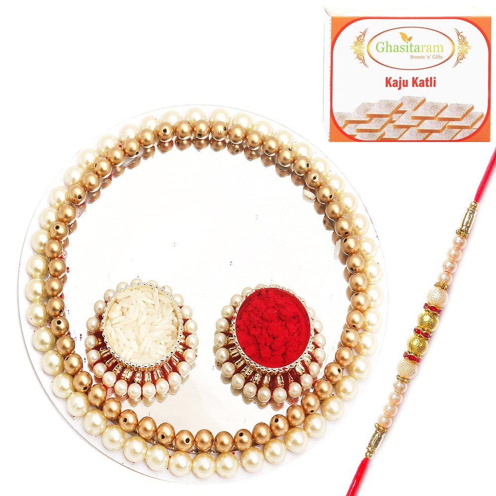 Ghasitaram Gifts Rakhi Gifts for Brothers White Pearl Pooja Thali with Pearl Rakhi with 200 GMS of Kaju katli
