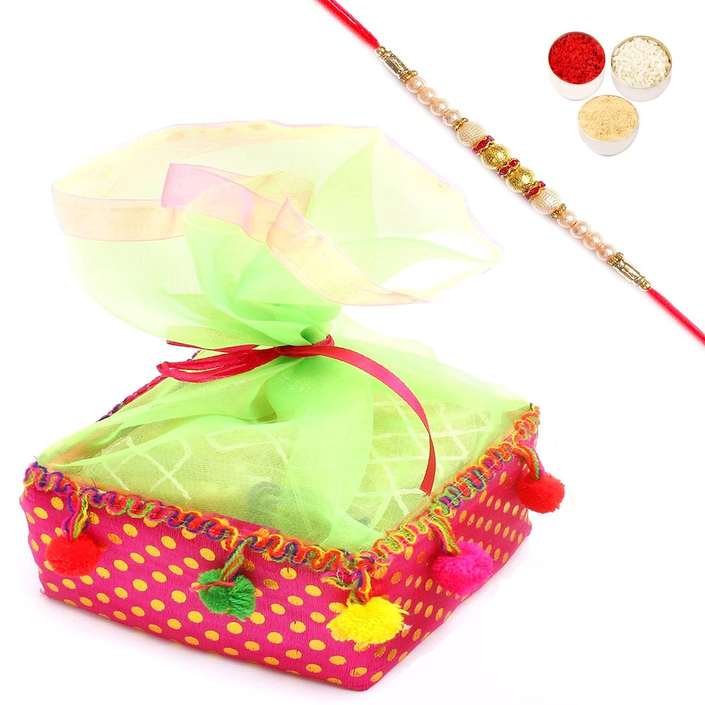 Ghasitaram Gifts Rakhi Gifts for Brothers Colourful Roasted Almond Sugafree Chocolates Pouch with Pearl Rakhi