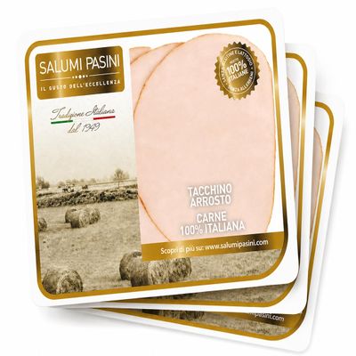 Arrosto di Tacchino Salumi Pasini | Sliced turkey ham | La Tradizione | 3 trays | 90 gr each | 100% Italian | Gluten and Lactose free