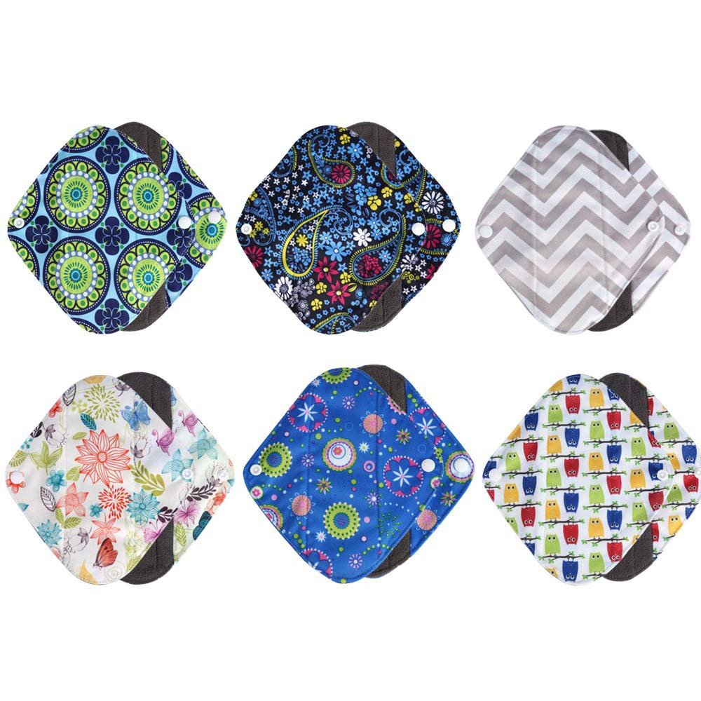 6PCS Reusable Menstrual Pad Bamboo Sanitary Cloth Panty Liner with Washable Wet Bag