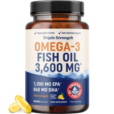 Triple Strength Omega 3 Fish Oil 3600 mg | EPA & DHA | Over 2100mg Omega-3 Fatty Acids | 1300mg EPA + 860mg DHA | Best Essential Fatty Acids | Premium Wild Caught & Burpless Fish Oil | 180 Ct