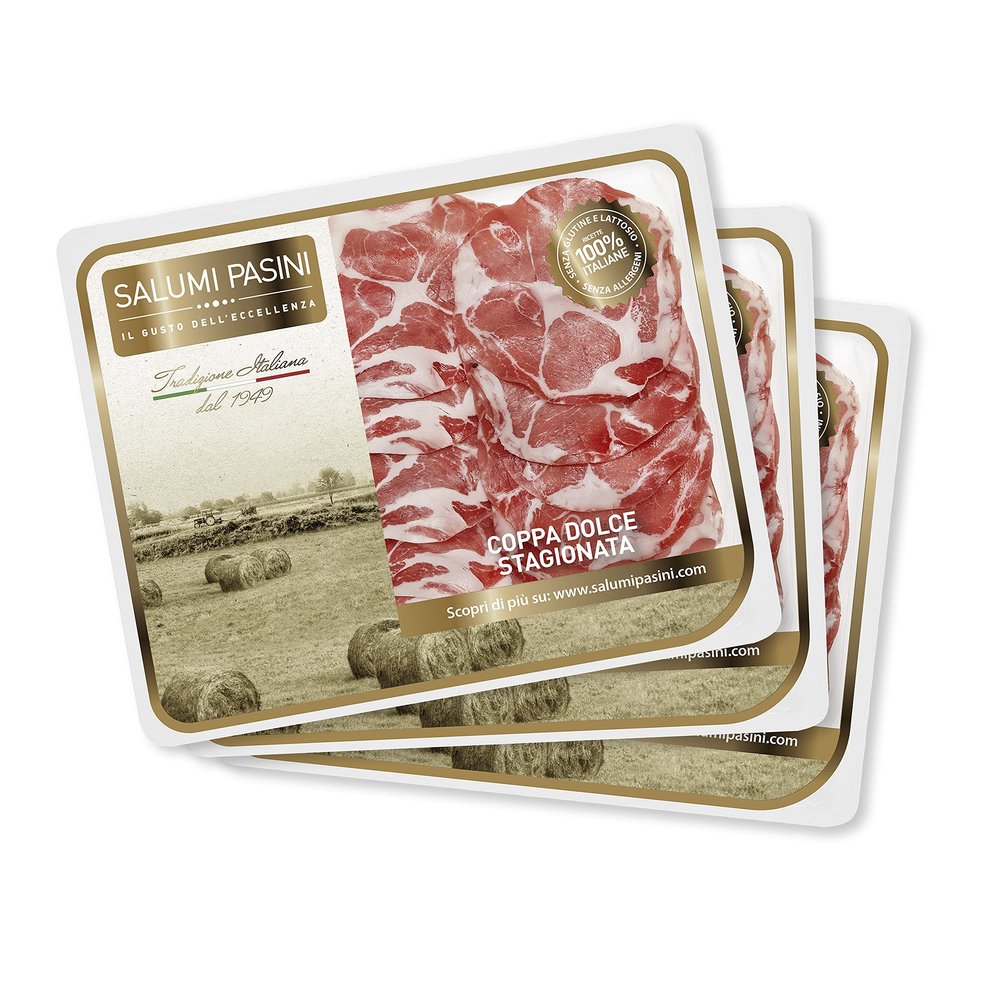 Coppa Dolce Stagionata Salumi Pasini | Coppa Ham Seasoned | 3 Sliced trays | 80g each | Gluten and Lactose Free | La Tradizione