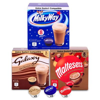 Galaxy, Milky Way & Maltesers Hot Chocolate - 24 Pods - 8 Pods of Each Flavour - Dolce Gusto Compatible