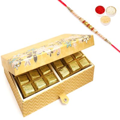 Ghasitaram Gifts Rakhi Gifts for Brothers 4 Print 24 Pcs Roasted Almond Sugafree Chocolate Box with Pearl Rakhi