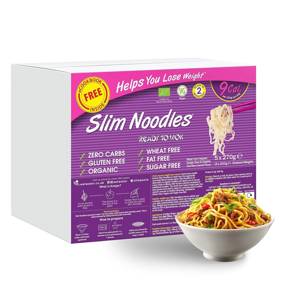 Eat Water Slim Noodles 270g (Pack of 5) Organic Konjac Noodles, Low Calorie Food, Zero Sugar, Gluten-Free, Low Carb, Wheat-Free, Vegan, Ready to Cook Instant Meal, Plant-Based Noodle Alternative