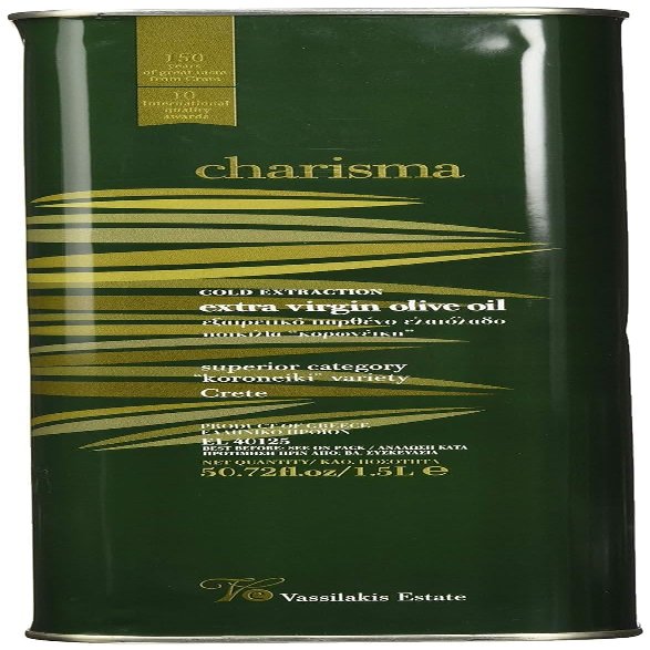 Vassilakis Estate Charisma  Greek Extra Virgin Olive Oil from Crete  1.5L Tin  Cold Extracted  Hand-Harvested Koroneiki Olives  Rich in Antioxidants  Low Acidity