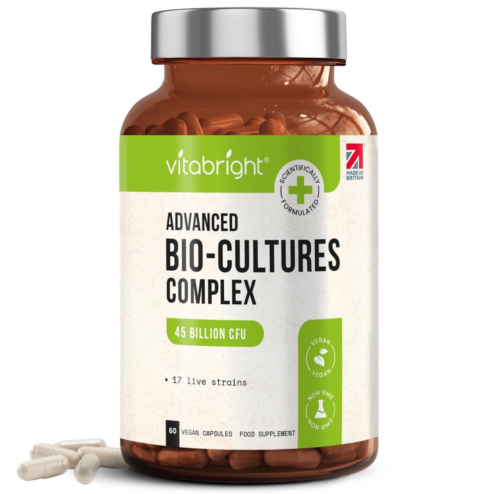 VitaBright Pro Bio Cultures Complex | 45 Billion CFU Probiotics for Women & Men | 17 Strains with Chicory Inulin Prebiotics | 60 Capsules for Gut Flora Support