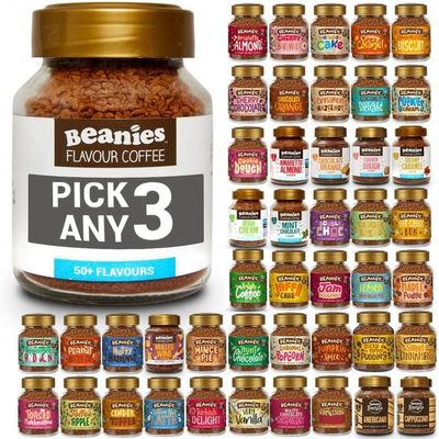 Beanies Flavoured Instant Coffee PICK ANY 3 Jars (50g) from 50+ Flavours (Blends, Barista, Decaf) Inc. Turkish Delight, Chocolate Orange, Chai Latte, Cookie Dough, Hazelnut, Caramel, Vanilla and More!