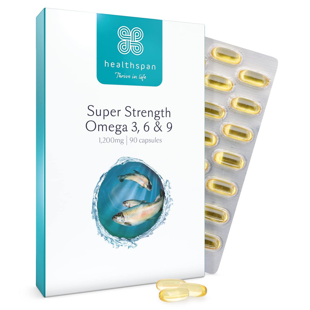 Healthspan Super Strength Omega 3, 6 & 9 1,200mg (90 Capsules) | Brain, Eye & Heart Health | Omega 3, 6 & 9 Fatty Acids | Premium Fish, Borage & Extra-Virgin Olive Oils | Sustainably Sourced