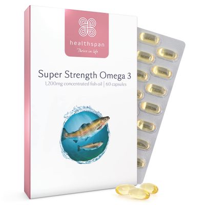 Healthspan Super Strength Omega 3 1,200mg | Brain, Heart & Eye Health | 240mg DHA & 360mg EPA per Capsule| Highly Purified to Remove Toxins | Sustainably Sourced Fish Oil (60 Capsules)
