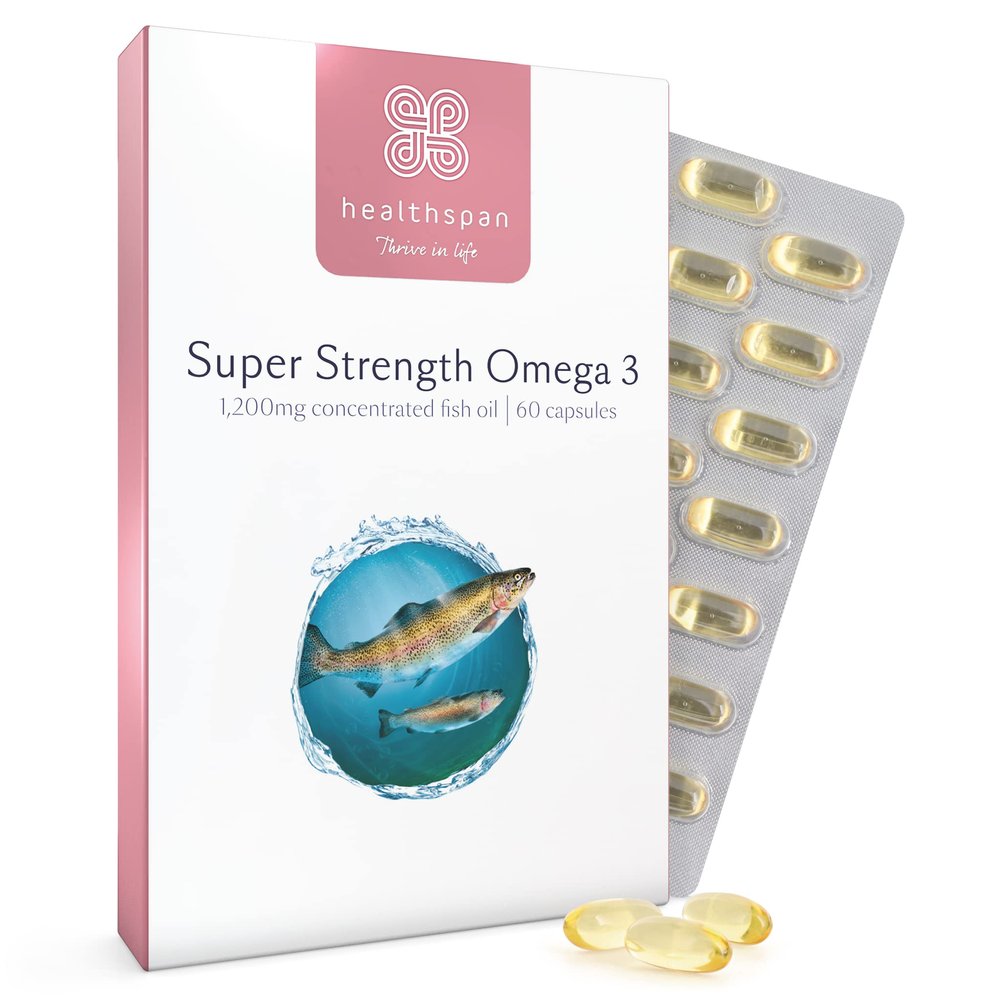 Healthspan Super Strength Omega 3 1,200mg | Brain, Heart & Eye Health | 240mg DHA & 360mg EPA per Capsule| Highly Purified to Remove Toxins | Sustainably Sourced Fish Oil (60 Capsules)