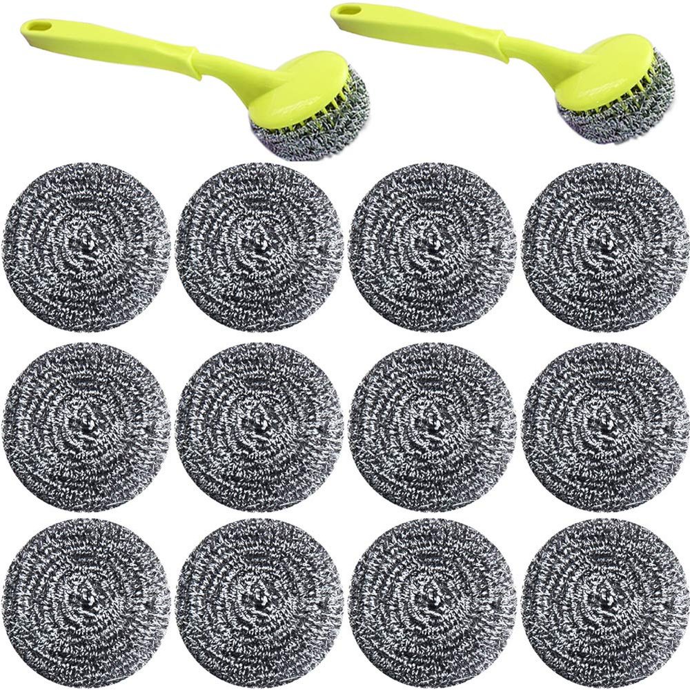 18 PCS Stainless Steel Sponges Scrubbers Cleaning Ball Utensil Scrubber Metal Scrubber Scouring Pads Ball for Pot Pan Dish Wash Cleaning for Removing Rust Dirty Cookware Cleaner with Handle (18 Pack)