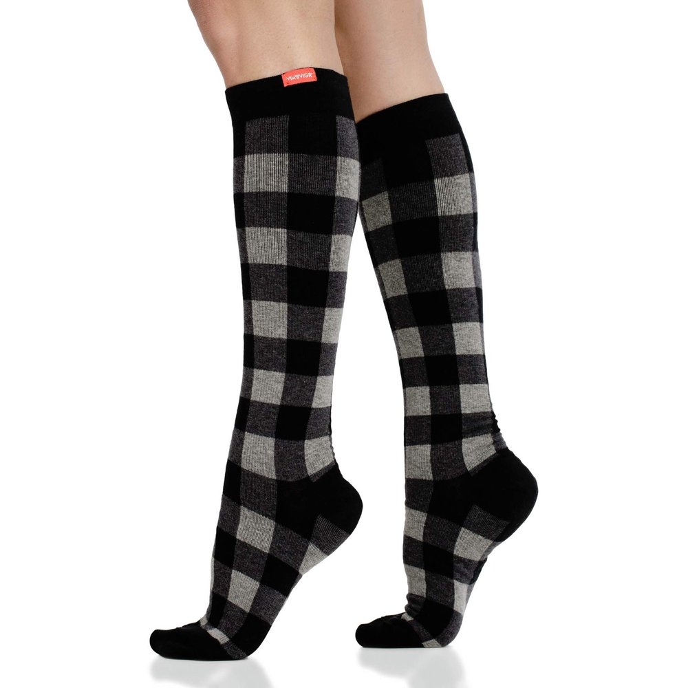 VIM & VIGR Cotton 20-30 mmHg Medical Grade Compression Socks (Heathered Grey Montana Plaid, Small/Medium Wide Calf (4))