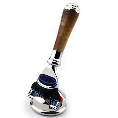 5 Edge Cartridge Compatible Artificial Horn Luxury Razor & Stainless Steel Holder Combo New Extra Short Handle Design Great Shaving Duo A Modern Vintage Tool