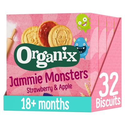 Organix Jammie Monsters Strawberry & Apple Biscuits, Organic Toddler Snack, 18+ Months, Multipack, 8 x 8 g Biscuits Per Box (4 Boxes Total)