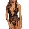 DEARAIMILI Women Lingerie Lace Openwork V Neck Hanging Backless Garters Babydoll Black view 1